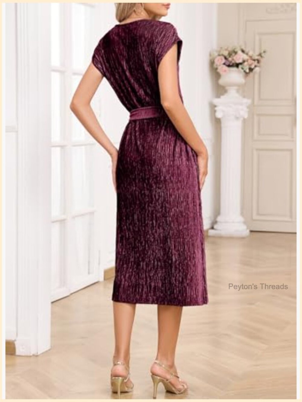Velvet Sleeveless Crewneck Midi Dress with Pockets Cocktail Party - Picture 2 of 7